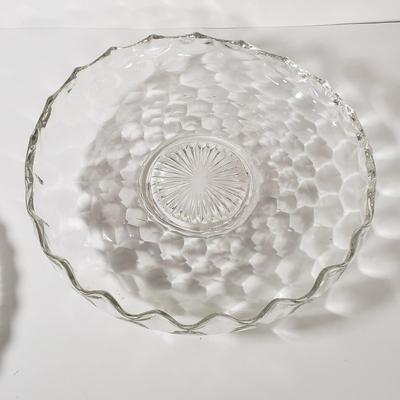 LOT 155L: Fostoria American Glassware & Pair of Federal Glass Footed Cake Plates with Crystal Cake Server