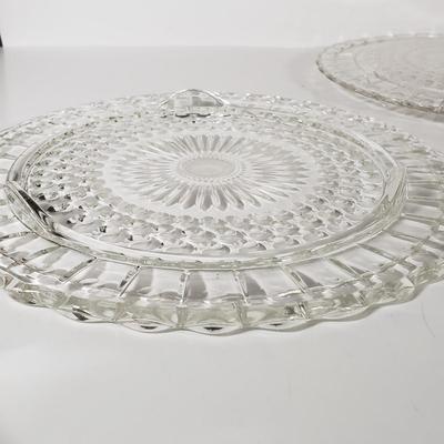 LOT 155L: Fostoria American Glassware & Pair of Federal Glass Footed Cake Plates with Crystal Cake Server