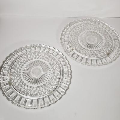 LOT 155L: Fostoria American Glassware & Pair of Federal Glass Footed Cake Plates with Crystal Cake Server