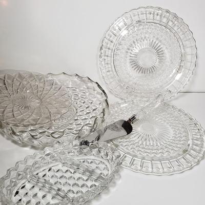 LOT 155L: Fostoria American Glassware & Pair of Federal Glass Footed Cake Plates with Crystal Cake Server