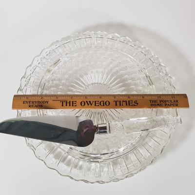 LOT 155L: Fostoria American Glassware & Pair of Federal Glass Footed Cake Plates with Crystal Cake Server