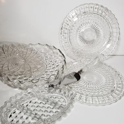 LOT 155L: Fostoria American Glassware & Pair of Federal Glass Footed Cake Plates with Crystal Cake Server