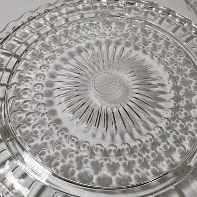 LOT 155L: Fostoria American Glassware & Pair of Federal Glass Footed Cake Plates with Crystal Cake Server