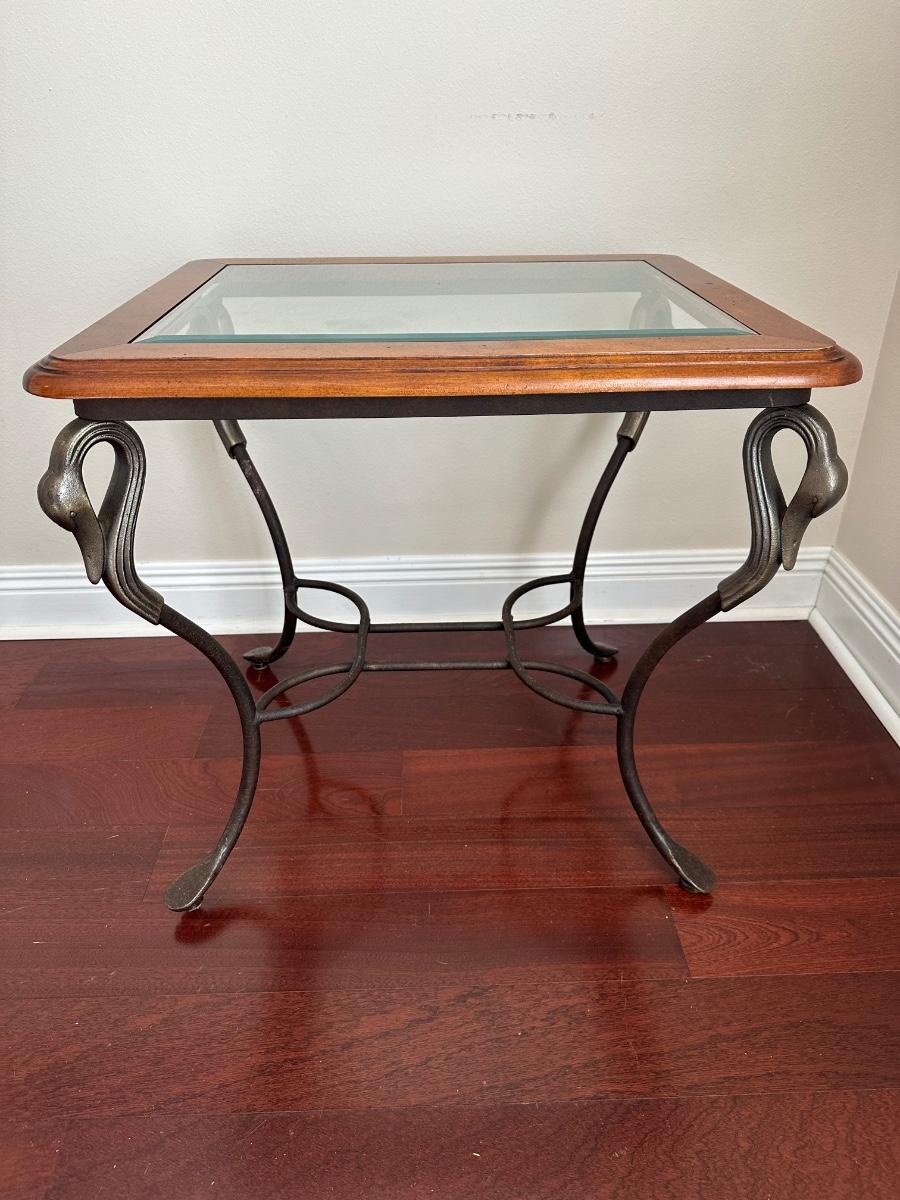 Glass-Top Coffee Table & Matching End Table with Metal Swan Base