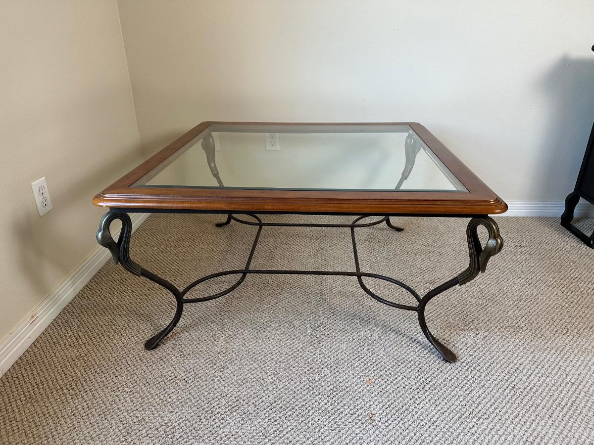 Glass-Top Coffee Table & Matching End Table with Metal Swan Base