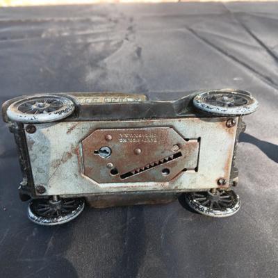 CAST IRON HORSE DRAWN WAGON AND AN OLD METAL COIN BANK (NO KEY)
