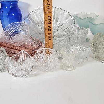 LOT 158L: Assorted Vintage Glass; Pink Depression Glass, Blue Frosted Glass, Votives, Toothpick Holders & More