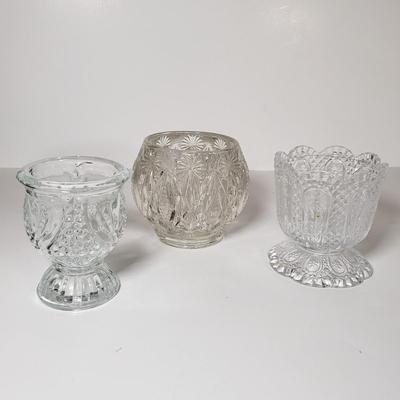 LOT 158L: Assorted Vintage Glass; Pink Depression Glass, Blue Frosted Glass, Votives, Toothpick Holders & More