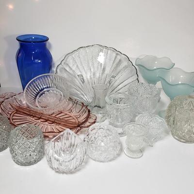 LOT 158L: Assorted Vintage Glass; Pink Depression Glass, Blue Frosted Glass, Votives, Toothpick Holders & More