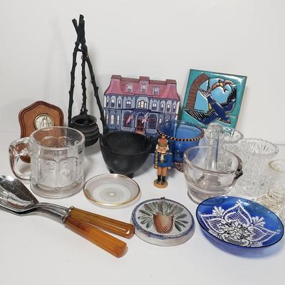 LOT 167D: Collection of Trinkets & Glassware with Imperial Elephant Handled Mug, US Glass Toothpick Holder, Tile, Pottery & More