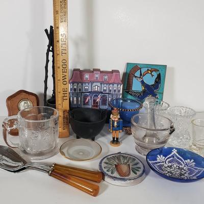 LOT 167D: Collection of Trinkets & Glassware with Imperial Elephant Handled Mug, US Glass Toothpick Holder, Tile, Pottery & More