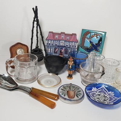 LOT 167D: Collection of Trinkets & Glassware with Imperial Elephant Handled Mug, US Glass Toothpick Holder, Tile, Pottery & More