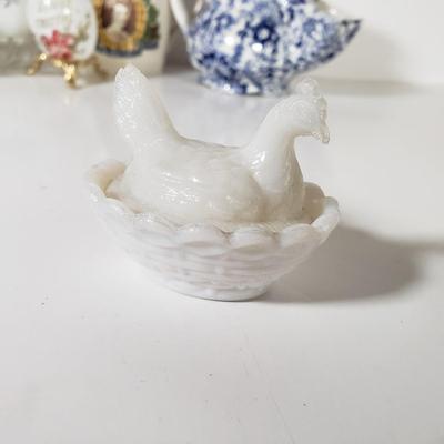LOT 168D: 18th Century Chintz Shaving Mug, Hand Decorated Eggs, Limoges, Mini Hen on Nest & More