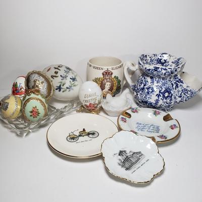 LOT 168D: 18th Century Chintz Shaving Mug, Hand Decorated Eggs, Limoges, Mini Hen on Nest & More