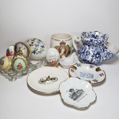 LOT 168D: 18th Century Chintz Shaving Mug, Hand Decorated Eggs, Limoges, Mini Hen on Nest & More