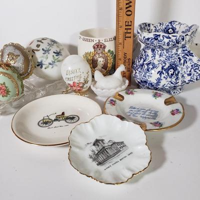 LOT 168D: 18th Century Chintz Shaving Mug, Hand Decorated Eggs, Limoges, Mini Hen on Nest & More