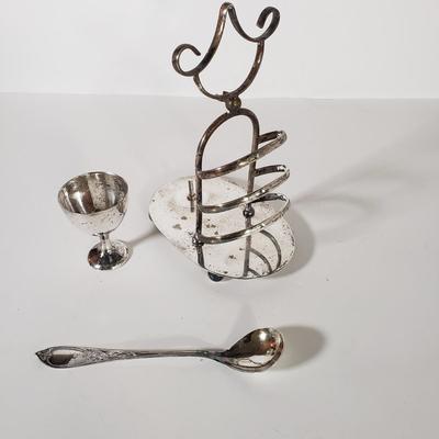 LOT 169D: Silver Plated Metal English Breakfast Caddy with Collection of Spoons