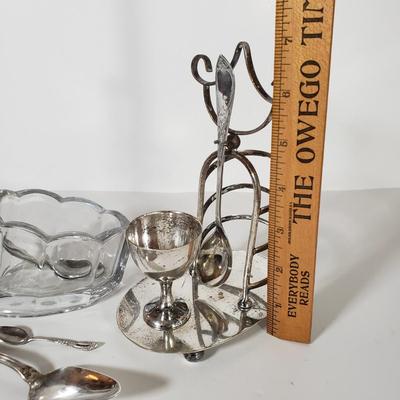 LOT 169D: Silver Plated Metal English Breakfast Caddy with Collection of Spoons