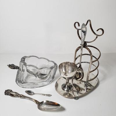 LOT 169D: Silver Plated Metal English Breakfast Caddy with Collection of Spoons