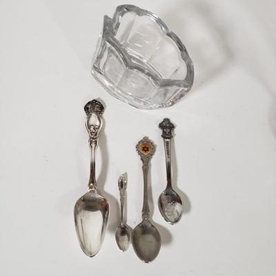 LOT 169D: Silver Plated Metal English Breakfast Caddy with Collection of Spoons