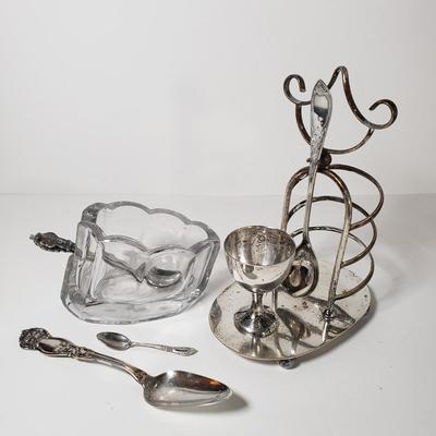 LOT 169D: Silver Plated Metal English Breakfast Caddy with Collection of Spoons