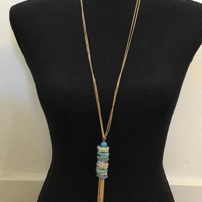 Beautiful gold tone, blue and light blue glass bead, tassel statement, necklace