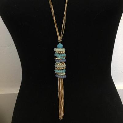 Beautiful gold tone, blue and light blue glass bead, tassel statement, necklace