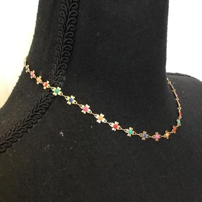 Gold tone, light, dainty multicolored, flower, vintage necklace
