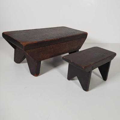 LOT 175L: Set of 3 Antique Wooden Stools with Wooden Doll Set (Still in box with all pieces)
