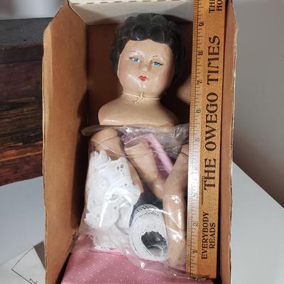LOT 175L: Set of 3 Antique Wooden Stools with Wooden Doll Set (Still in box with all pieces)