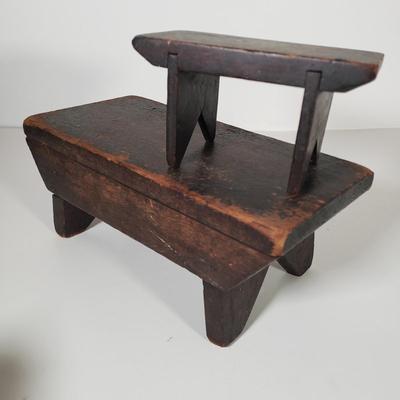 LOT 175L: Set of 3 Antique Wooden Stools with Wooden Doll Set (Still in box with all pieces)