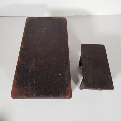 LOT 175L: Set of 3 Antique Wooden Stools with Wooden Doll Set (Still in box with all pieces)