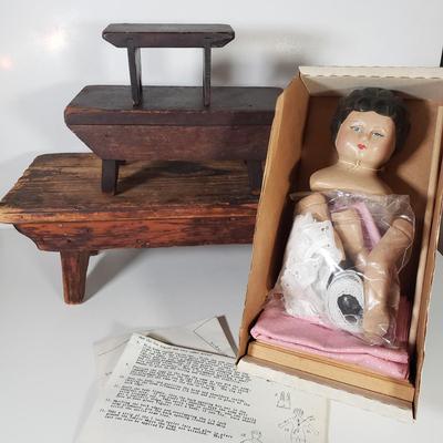 LOT 175L: Set of 3 Antique Wooden Stools with Wooden Doll Set (Still in box with all pieces)