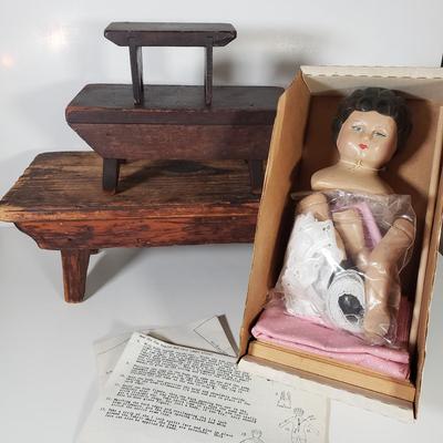 LOT 175L: Set of 3 Antique Wooden Stools with Wooden Doll Set (Still in box with all pieces)