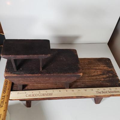 LOT 175L: Set of 3 Antique Wooden Stools with Wooden Doll Set (Still in box with all pieces)