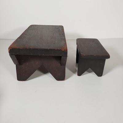 LOT 175L: Set of 3 Antique Wooden Stools with Wooden Doll Set (Still in box with all pieces)