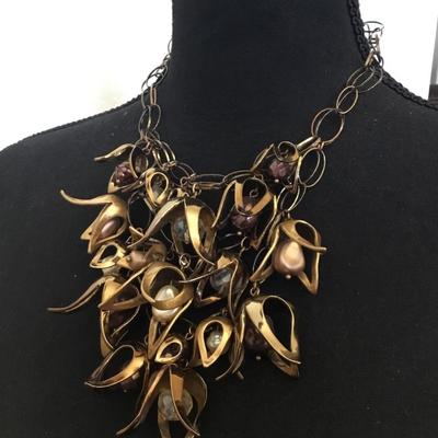 Chicos, 90s vintage statement necklace with floral brass flower bells. Very cool.