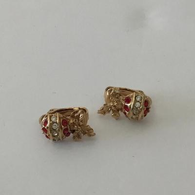 Cute gold tone, rhinestone Christmas ornament clip on earrings, holiday earrings