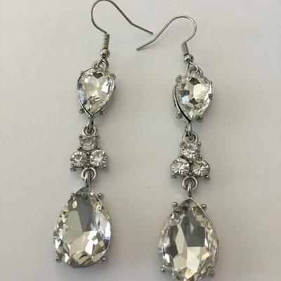Silver tone rhinestone dangle earrings, statement earrings