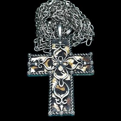 Silver Tone Cross, Tiger / Leopard Print Pendant Necklace