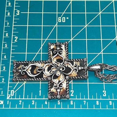 Silver Tone Cross, Tiger / Leopard Print Pendant Necklace
