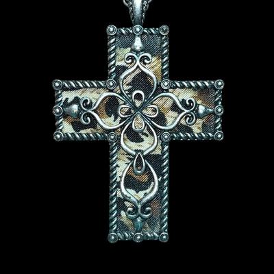 Silver Tone Cross, Tiger / Leopard Print Pendant Necklace