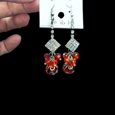 Red Dangle Rhinestone Costume Earrings
