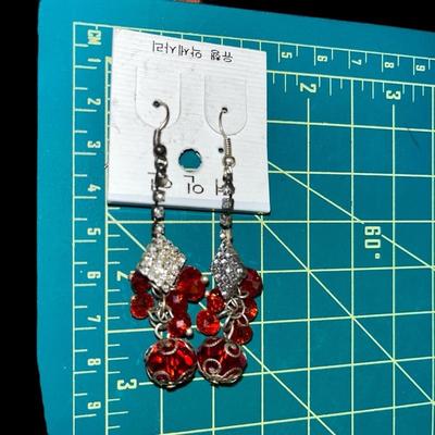 Red Dangle Rhinestone Costume Earrings