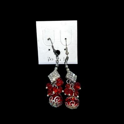 Red Dangle Rhinestone Costume Earrings