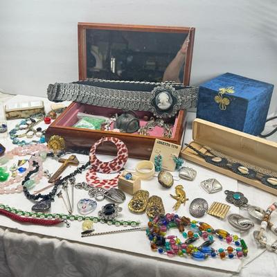 Costume jewelry, cameo belt and jewelry boxes