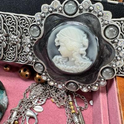 Costume jewelry, cameo belt and jewelry boxes