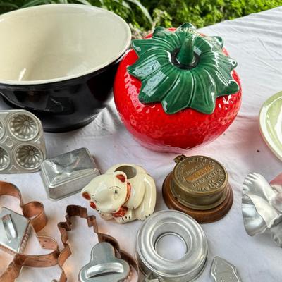 Copper and Aluminum cookie cutter, Large mixing bowl, Strawberry cookie jar