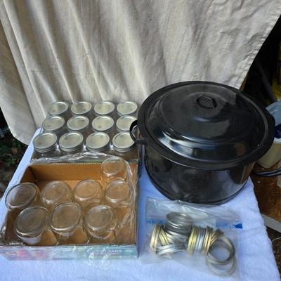 Brand new sealed canning jars - and a partial box with enamel canning pot