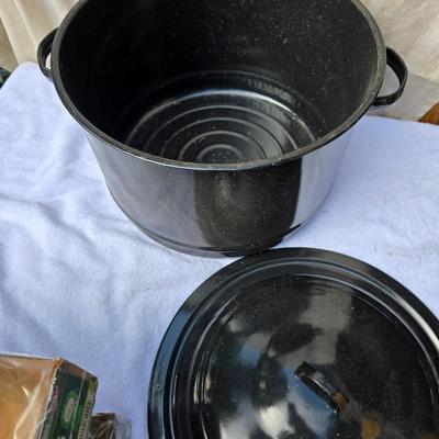 Brand new sealed canning jars - and a partial box with enamel canning pot